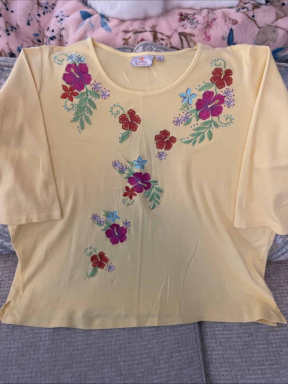 Quacker Factory Pale Yellow Floral Embroidered Scoop Neck 3/4 sleeve Blouse 3x